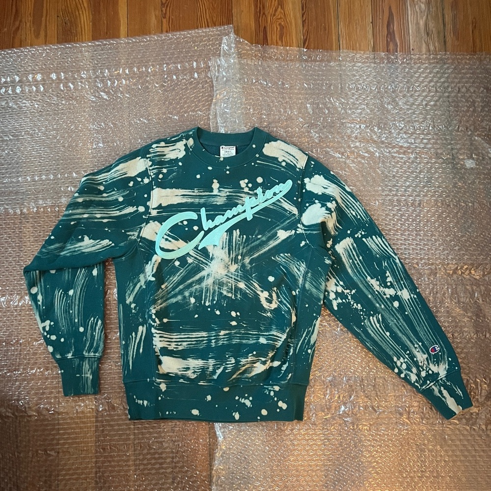 Champion Bleach Splatter Logo Reverse Weave Green Sweatshirt Mens SMALL